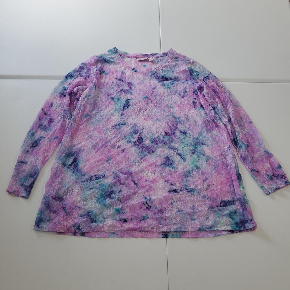 LOGO Layers Shirt Womens 1X Purple Blue Lace Mesh Long Sleeve Sheer Stretch Top
